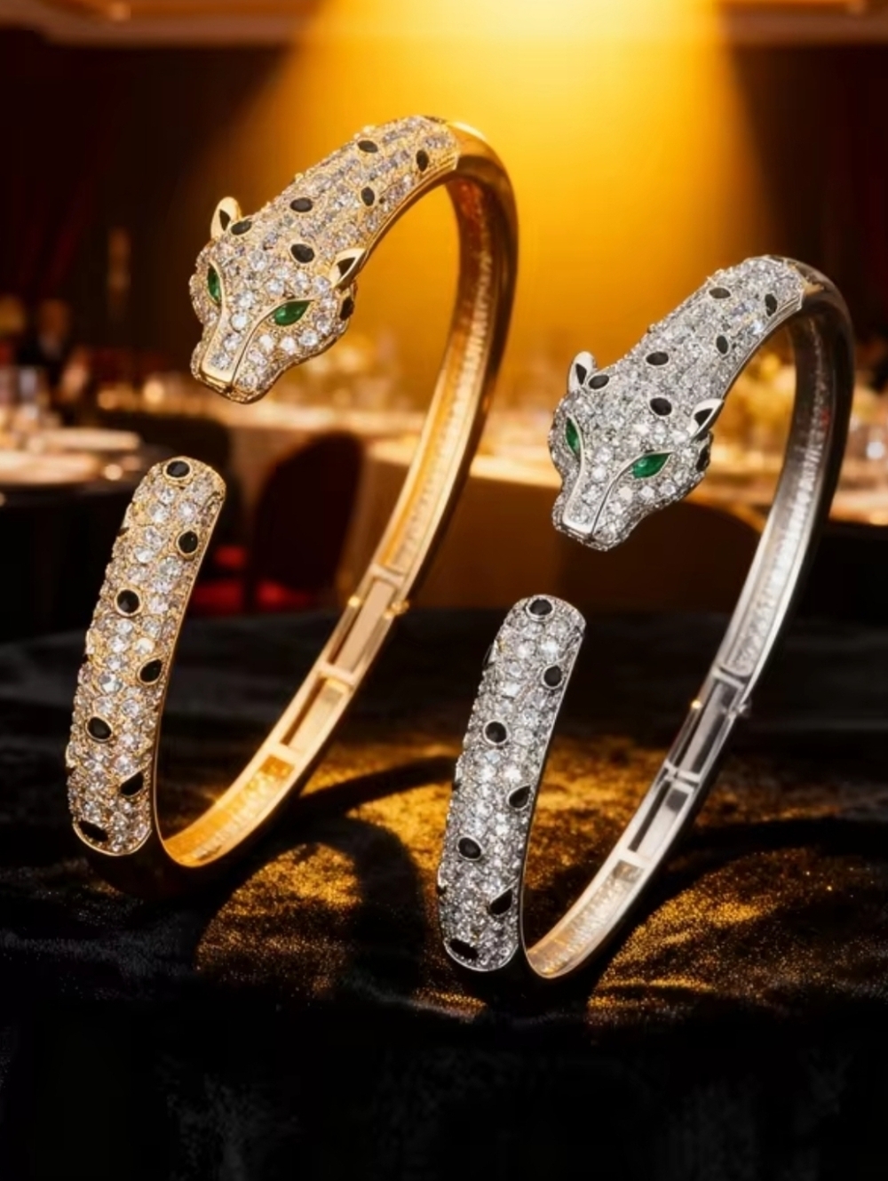 Silver Pavé Panther -Head Hinged Bracelet with Green Eyes - Picture 3 of 9